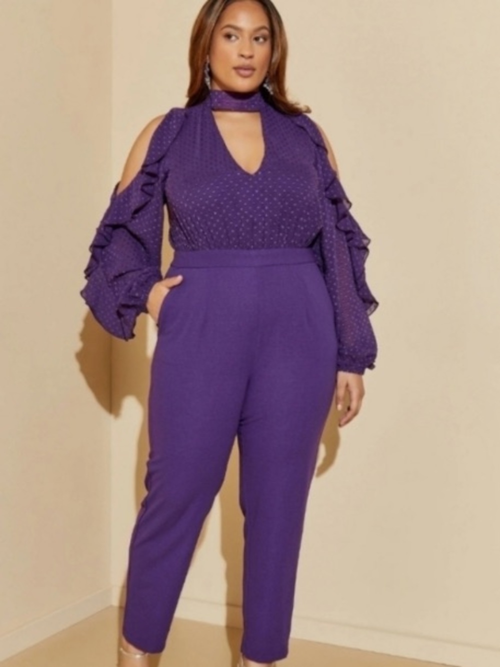 Ashley Stewart Plum Purple Ruffled Sleeve Jumpsuit - Picture 11 of 11